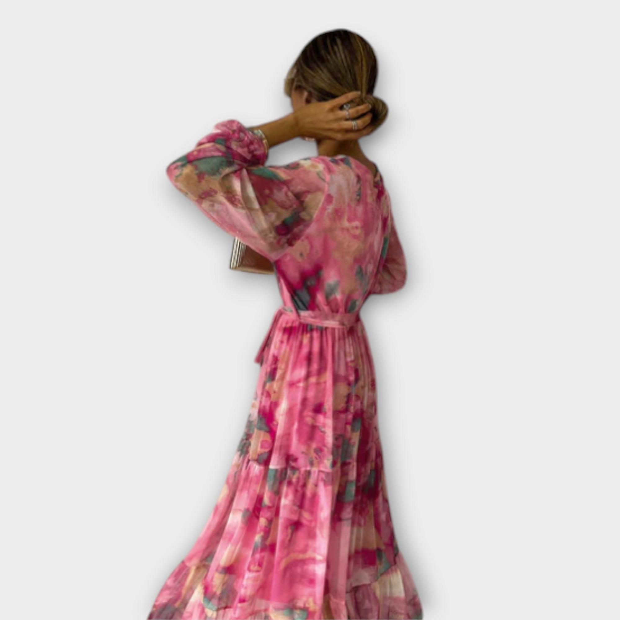 Maxikleid im Aquarell-Pink mit Bindegürtel, weiten Volantsaum und langen Ärmeln