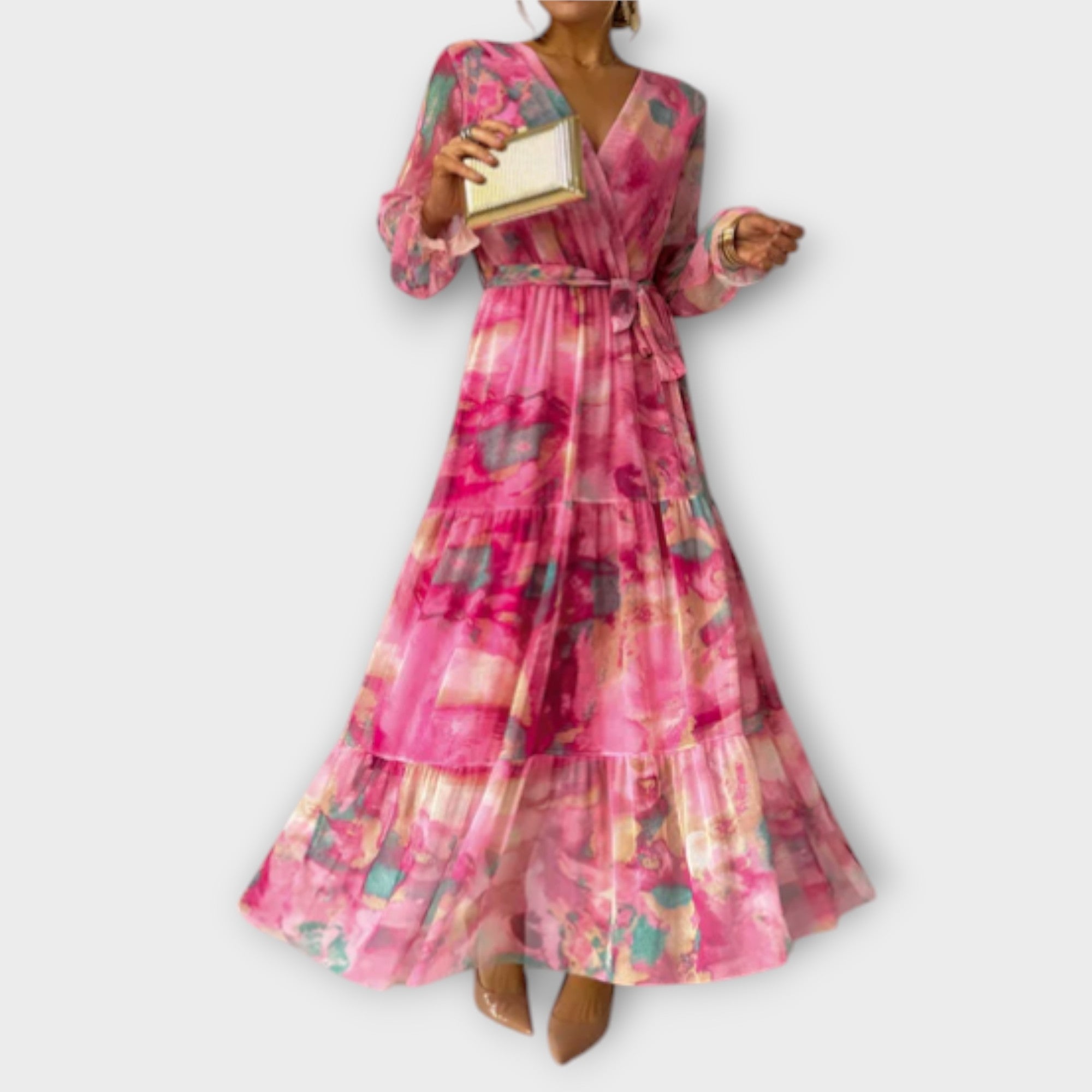 Maxikleid mit V-Ausschnitt, pinkem Aquarellmuster und Bindegürtel, langen Ärmeln