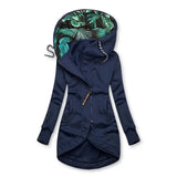 Elegante Jacke mit Kapuze, dunkelblau, Reißverschluss, schräges Frontpanel