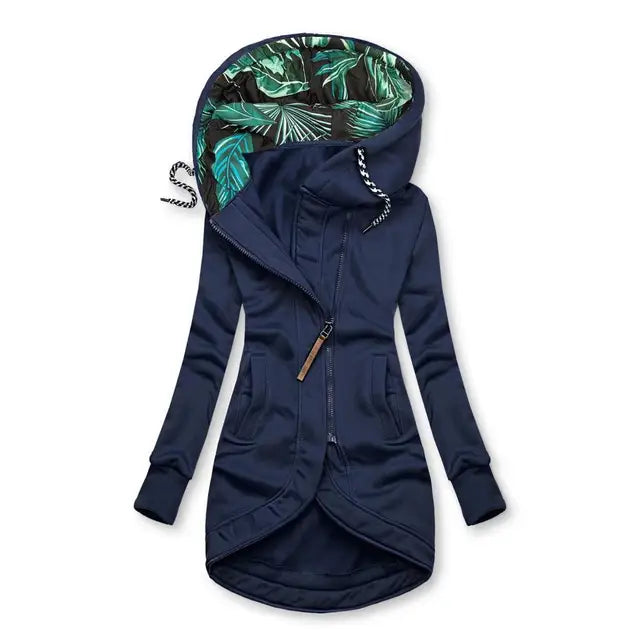 Elegante Jacke mit Kapuze, dunkelblau, Reißverschluss, schräges Frontpanel