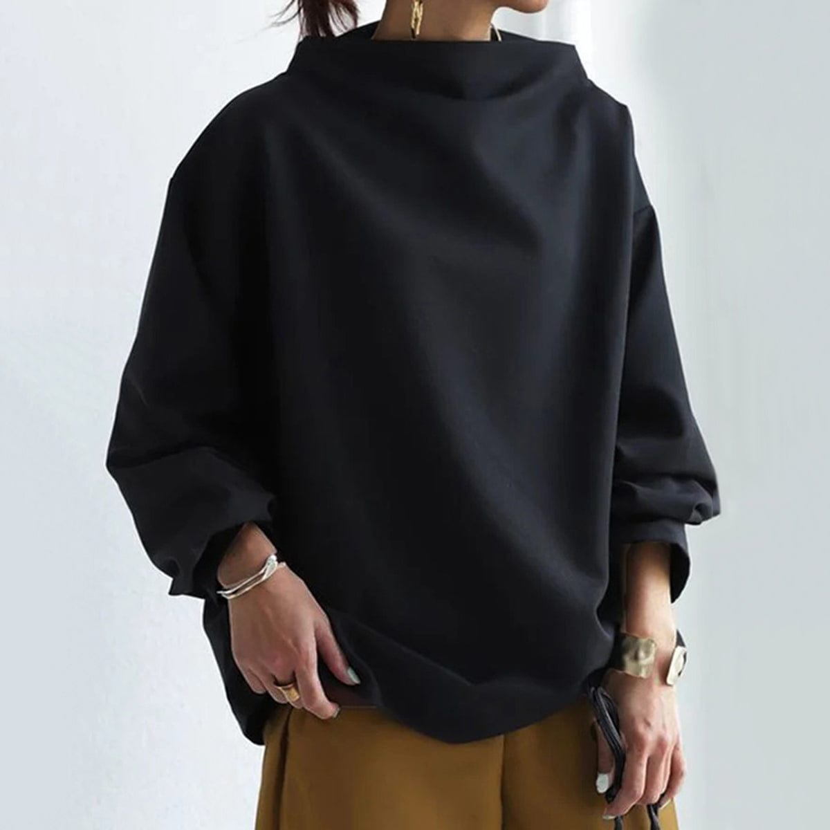 Wanda™-Pullover mit hohem Kragen, Schwarz, überschnittene Ärmel, locker