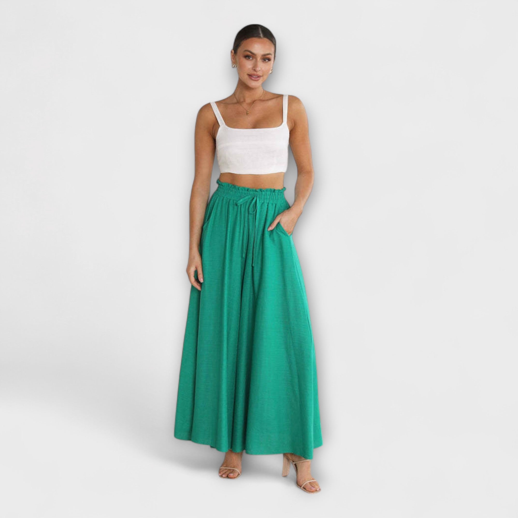 Bequeme Bundfaltenhose mit Tunnelzug, schwingendes Weitbein, grün