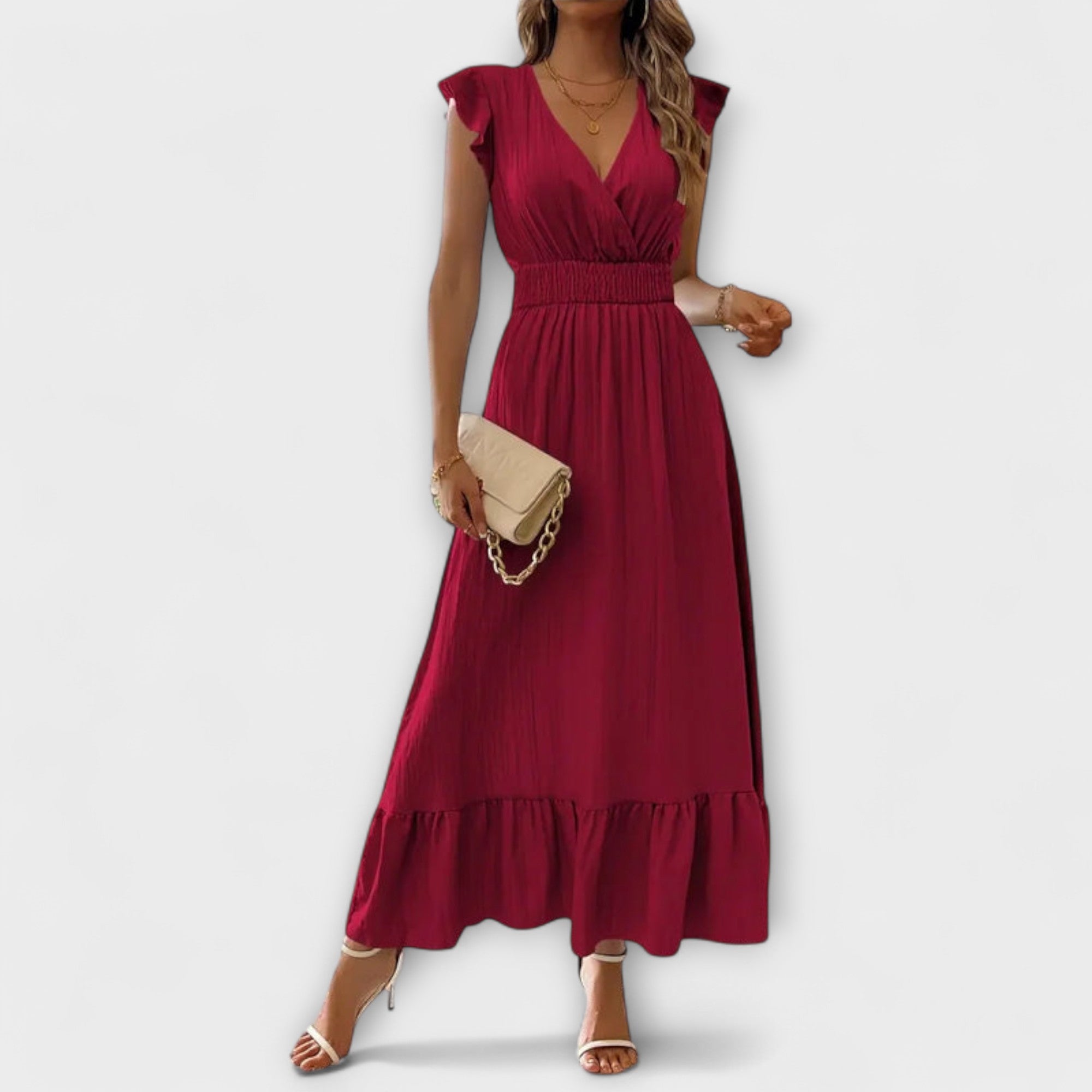Bordeauxrotes Maxikleid mit tiefem V-Ausschnitt, geraffter Taille und Volantärmeln