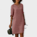 Sommerkleid mit V-Ausschnitt, langem Ärmel, rosa, knielang