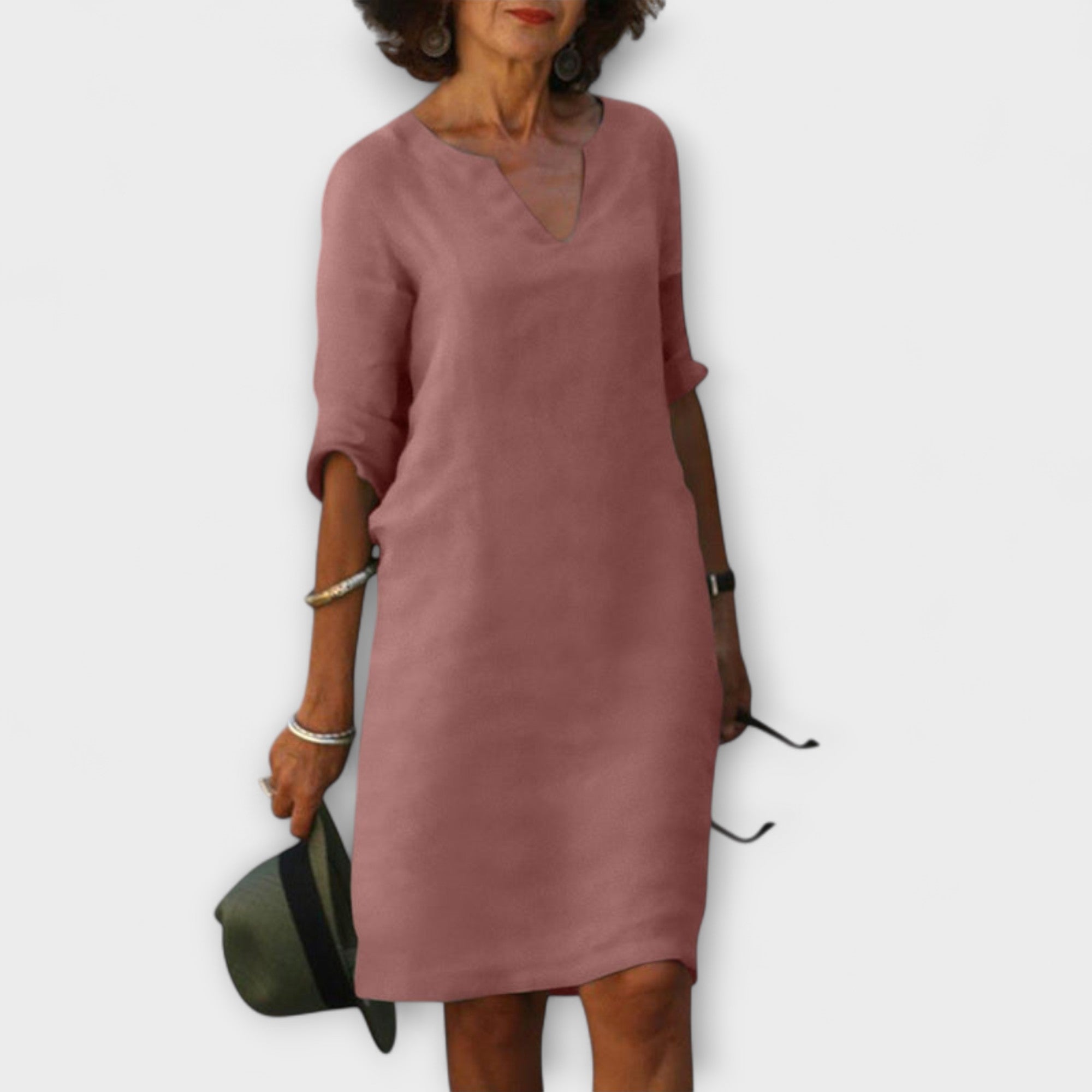 Sommerkleid mit V-Ausschnitt, langem Ärmel, rosa, knielang