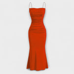 Maxi-Party-Kleid in Orange mit schmalen Trägern und gerafftem Taillenbereich