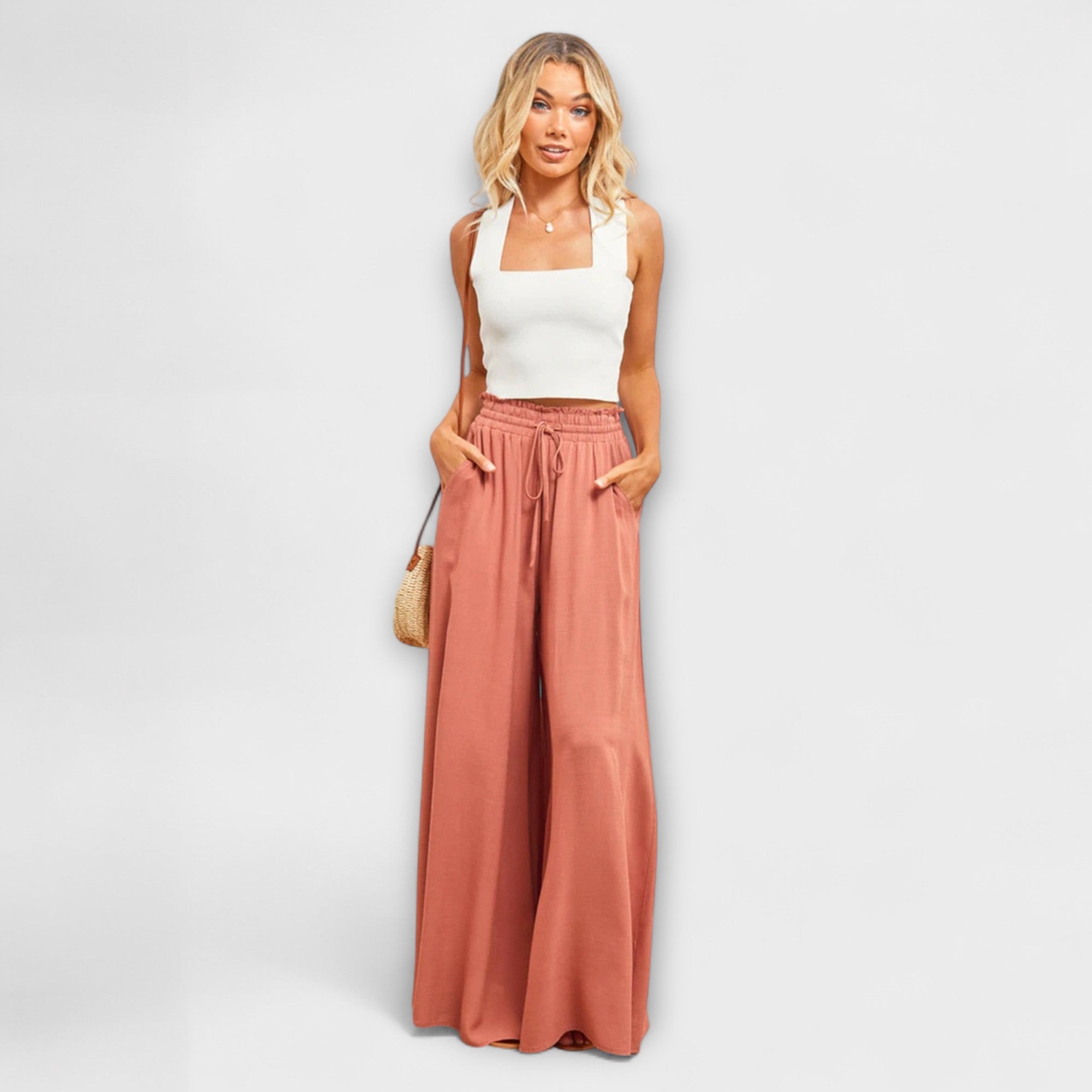 Bequeme Bundfaltenhose mit Tunnelzug, weitem Bein, rosig-braun