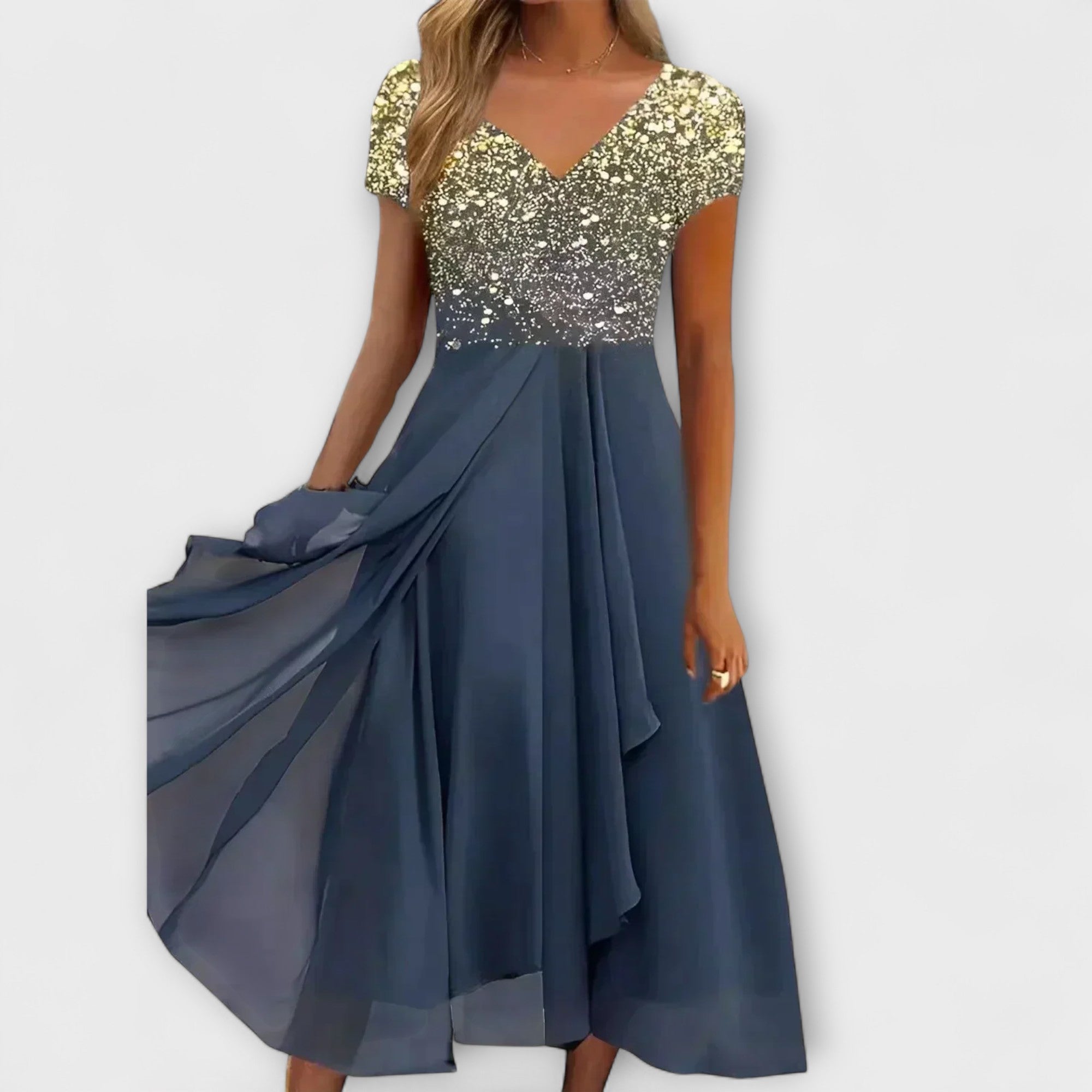Damen-Chiffonpartykleid mit V-Ausschnitt, Glitzeroberteil gold/silber und blauer Drapierung