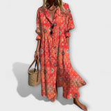 Maxikleid mit V-Ausschnitt und Knopfleiste, rotes Paisley- und Schmuckmuster
