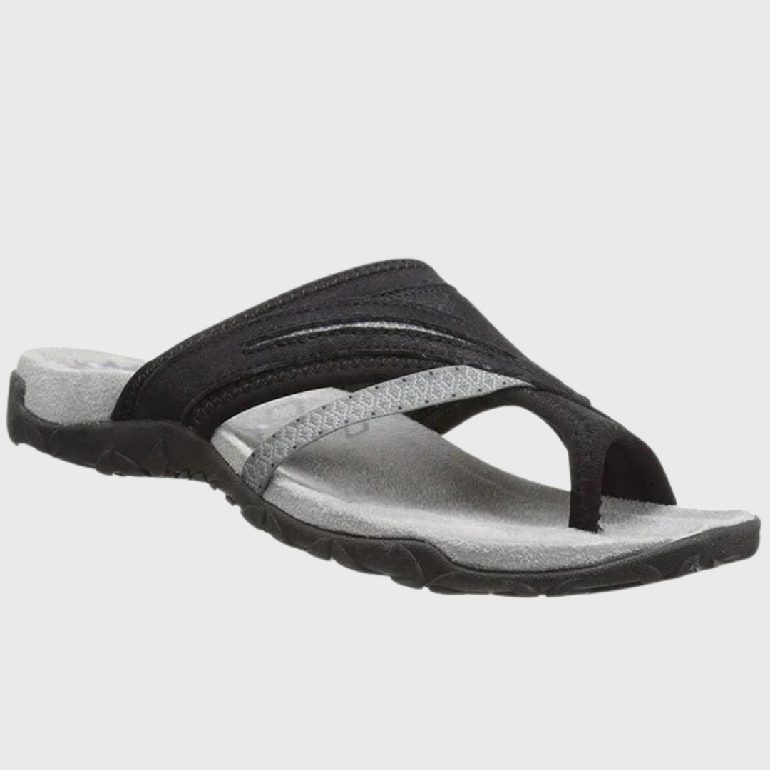 Orthopädische Sandale in Schwarz mit grauem Innenfutter und breiten Zehenriemen