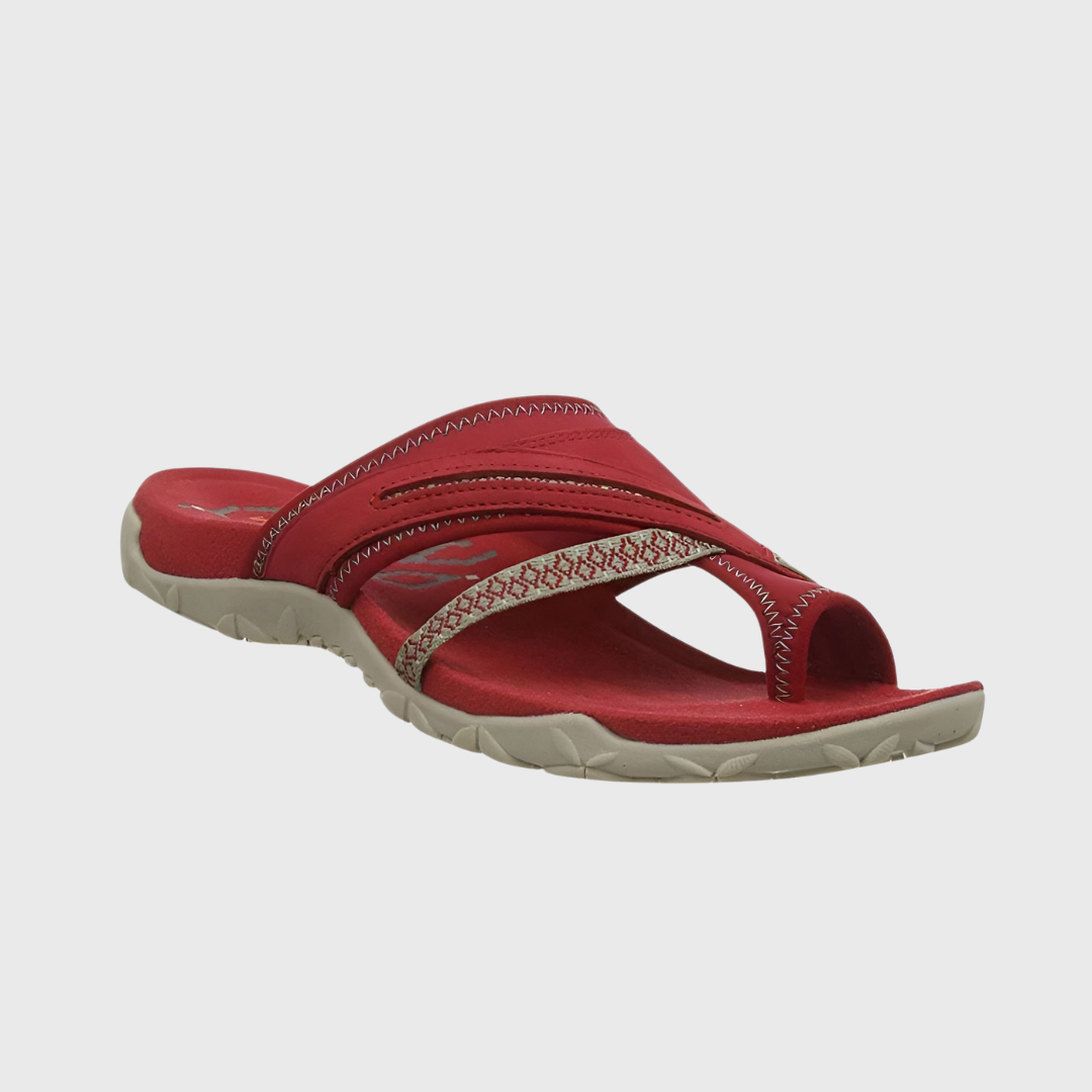 Orthopädische Sandale in Rot mit grauer Sohle und Riemen über den Zehen