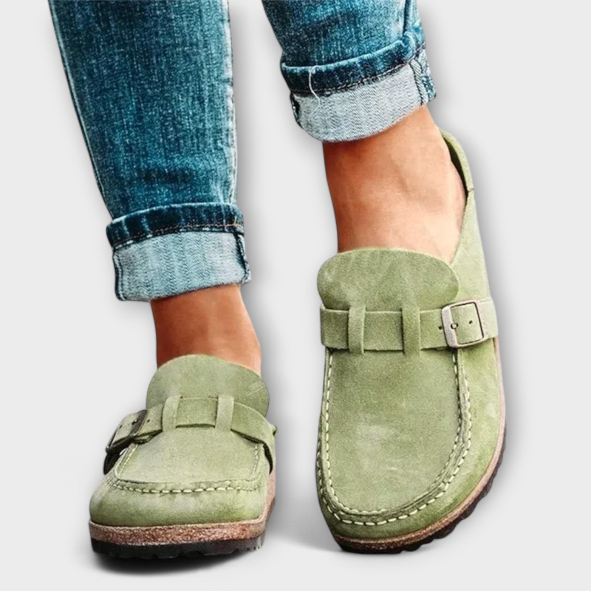 Orthopädischer Damenschuh grün mit Zierschnalle, Wildlederoptik