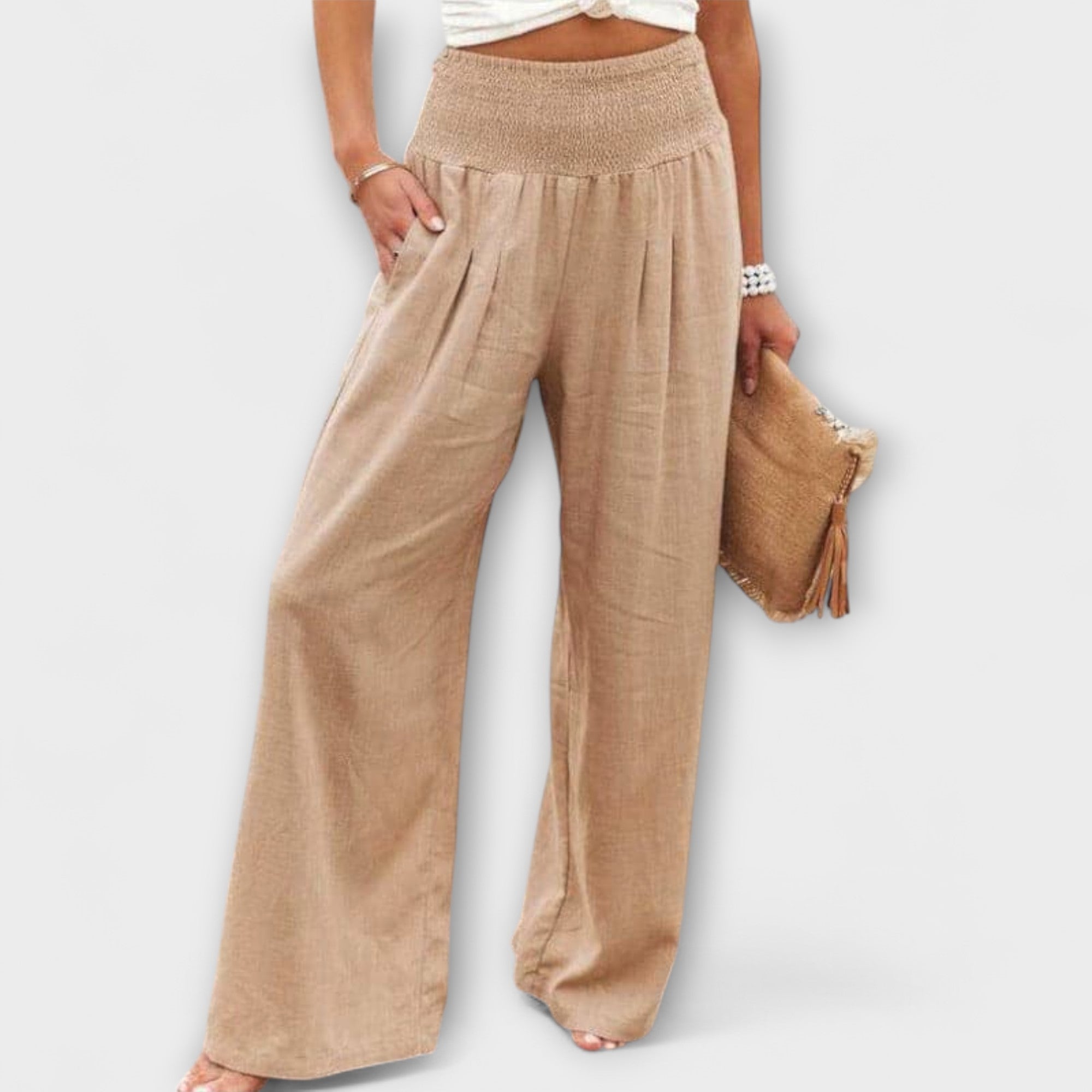 Lässige weite Leinenhose mit elastischem Bund, khaki