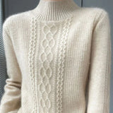Beiger Rollkragenpullover mit Zopfmuster, langärmlig
