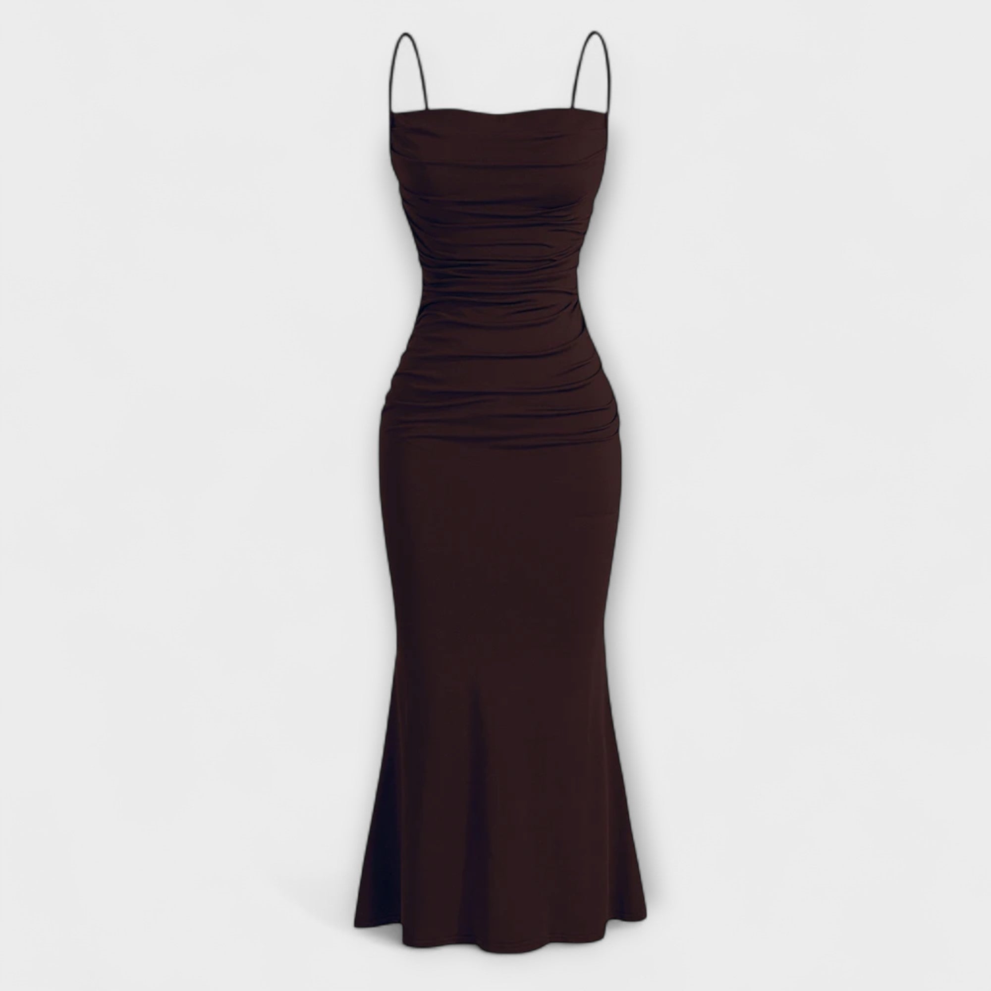 Maxi-Party-Kleid in Braun mit schmalen Trägern und geraffter Taillenpartie