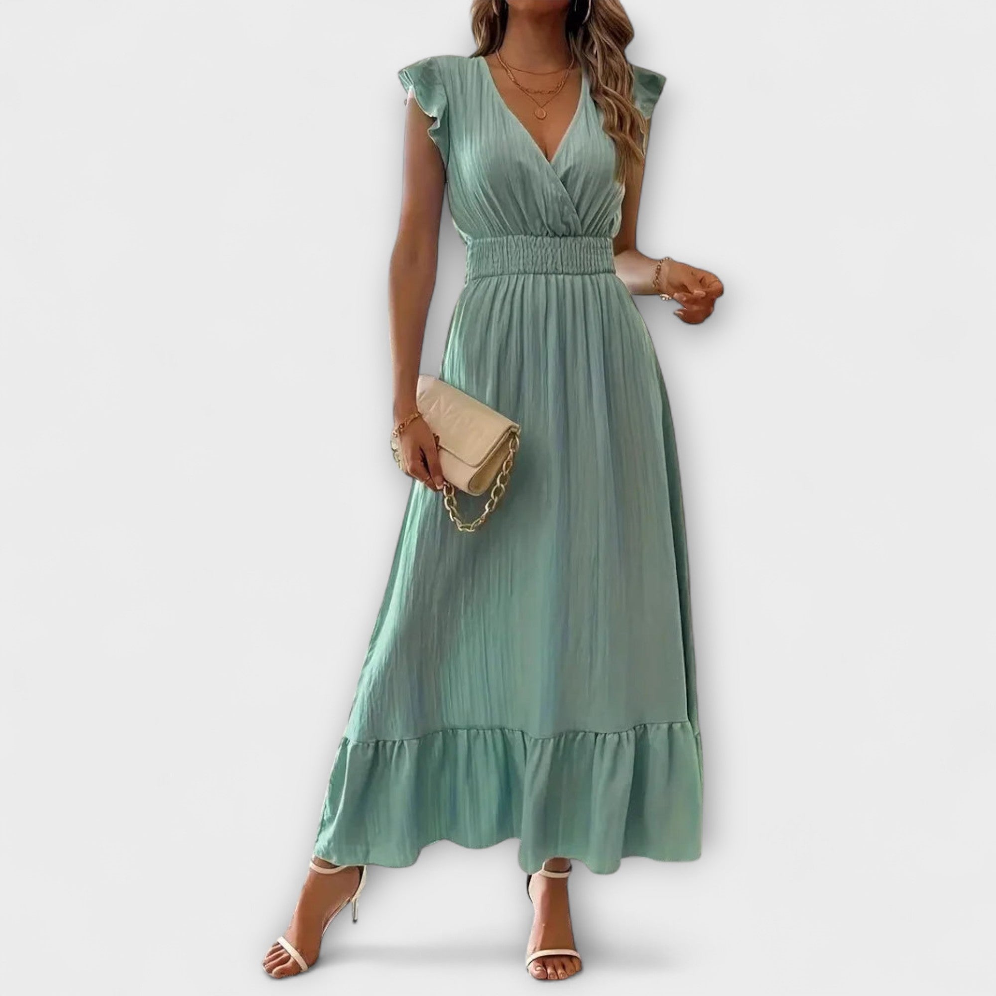 Salbeigrünes Maxikleid mit tiefem V-Ausschnitt, geraffter Taille und Volantärmeln