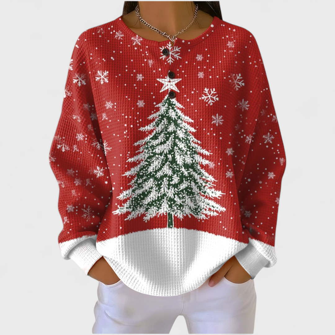 Roter Pullover mit Schneeflocken- und Weihnachtsbaum-Print, Rippbündchen