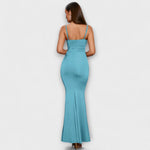 Elegantes Rüschenkleid mit Spaghettiträgern, figurbetont, Meerestürkis (Rückansicht)