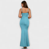 Elegantes Rüschenkleid mit Spaghettiträgern, figurbetont, Meerestürkis (Rückansicht)
