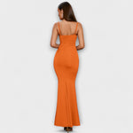 Elegantes Rüschenkleid mit Spaghettiträgern, figurbetont, Orange (Rückansicht)
