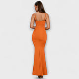 Elegantes Rüschenkleid mit Spaghettiträgern, figurbetont, Orange (Rückansicht)