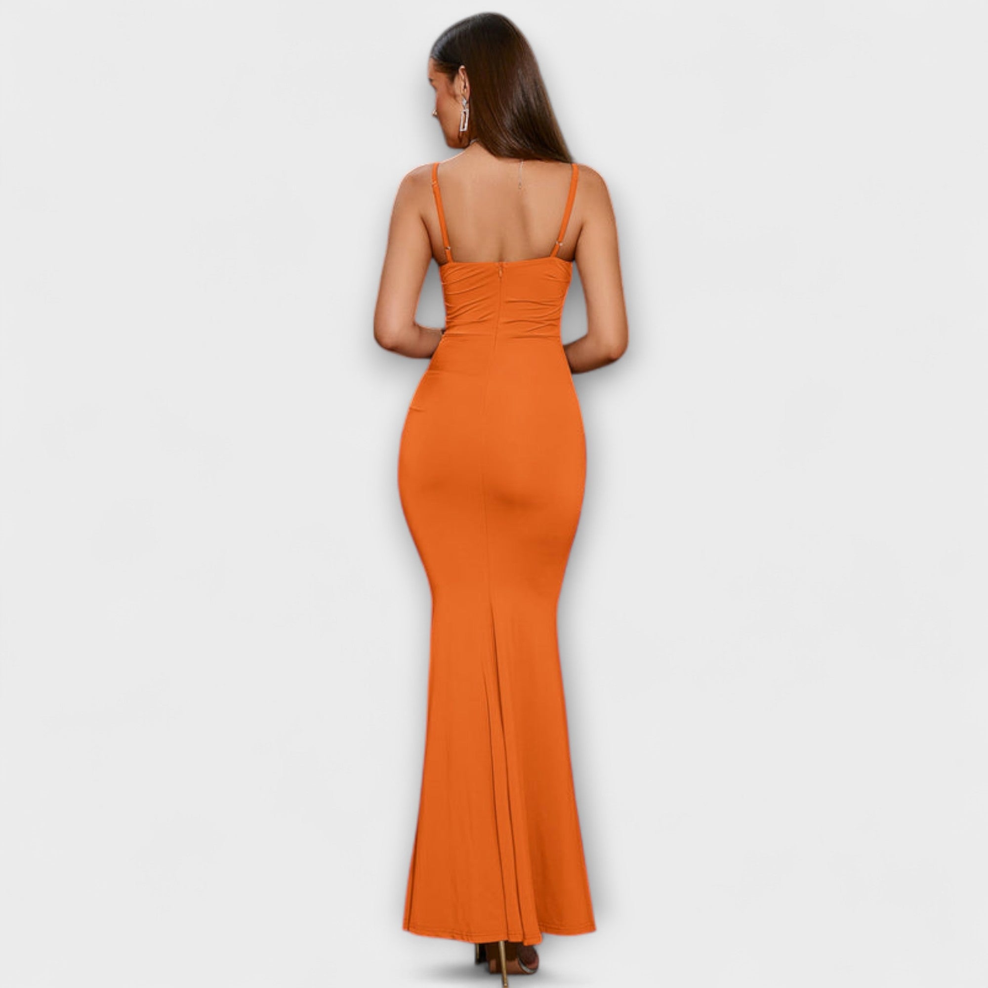 Elegantes Rüschenkleid mit Spaghettiträgern, figurbetont, Orange (Rückansicht)