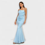 Rüschenkleid in Aqua, ärmellos mit dünnen Trägern, figurbetont, langer Meerjungfrau-Saum