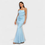 Rüschenkleid in Aqua, ärmellos mit dünnen Trägern, figurbetont, langer Meerjungfrau-Saum