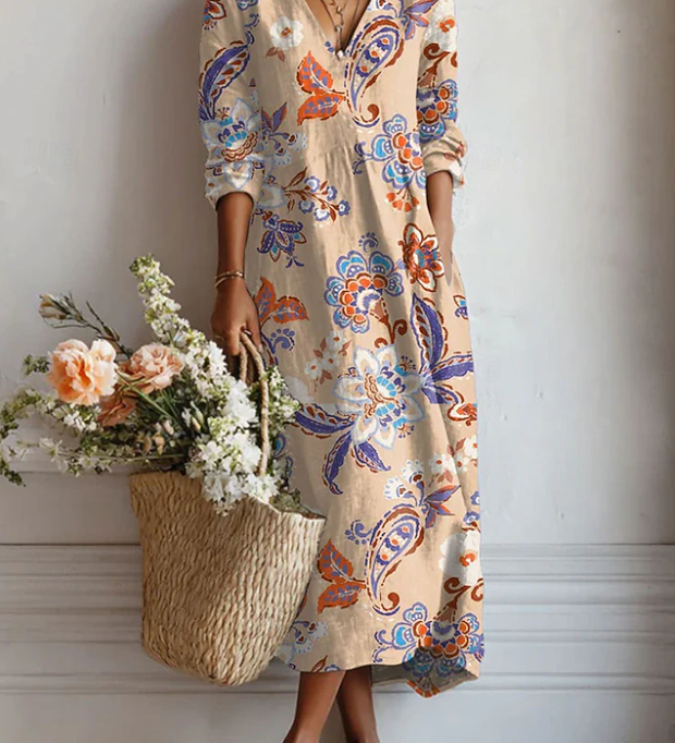 Maxikleid mit Paisley-Muster, V-Ausschnitt, lange Ärmel, mehrfarbig