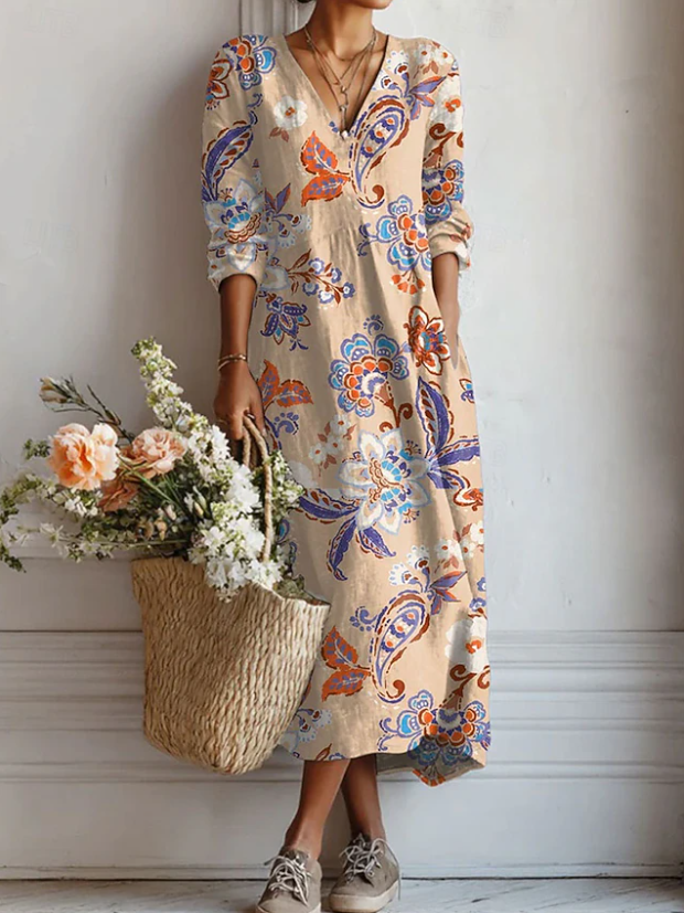 Maxikleid mit Paisley-Muster, V-Ausschnitt, lange Ärmel, mehrfarbig