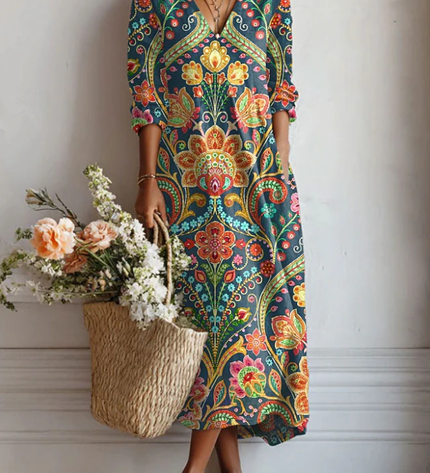 Maxikleid mit Medaillon-Muster, bunter V-Ausschnitt und 3/4-Ärmeln