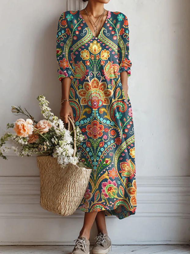 Maxikleid mit Medaillon-Muster, bunter V-Ausschnitt und 3/4-Ärmeln