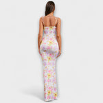 Rückenansicht: Floral-Print-Abendkleid in Pastellrosa mit gebundenen Schulterträgern