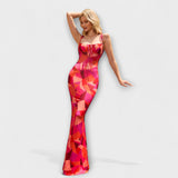 Langes Abendkleid mit farbigen Musterflächen in Rot, ärmellos, Spaghettiträger, schmal geschnitten