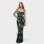 Langes Abendkleid mit Blumenprint in dunkelgrün, eng anliegend, Spaghettiträger mit Schleifen