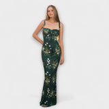 Langes Abendkleid mit Blumenprint in dunkelgrün, eng anliegend, Spaghettiträger mit Schleifen