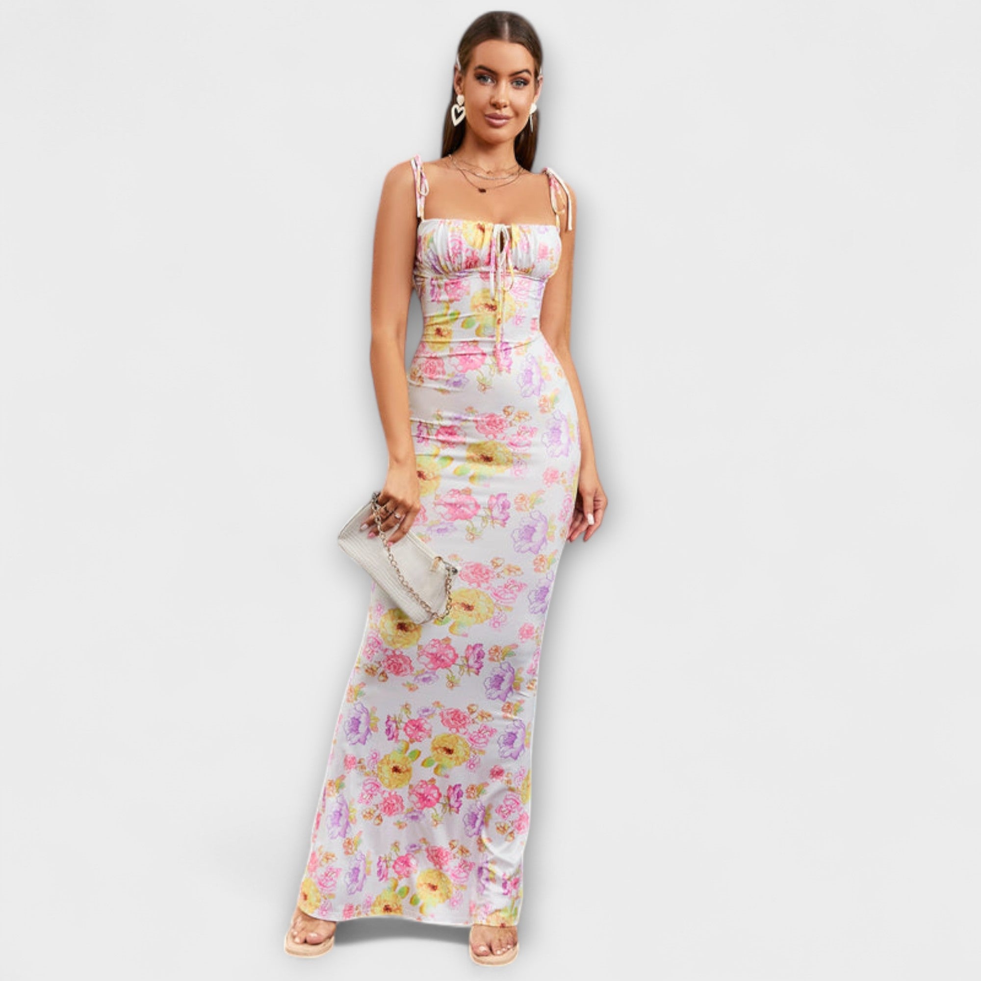 Floral-Print-Abendkleid mit gebundenen Schulterträgern, rosa-pastell mit Blumen