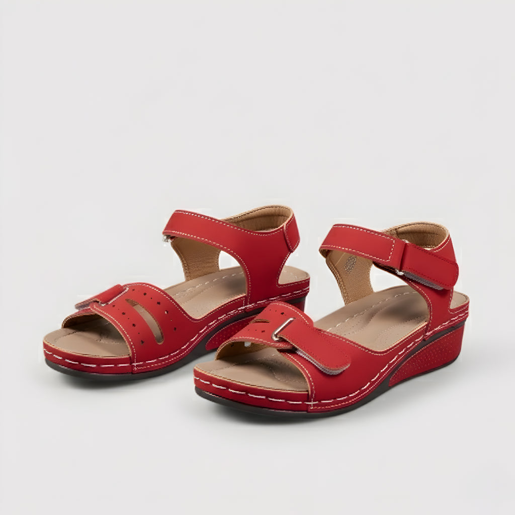 Rote bequeme Sandalen mit Klettverschluss und breiter Schnalle, Plateau-Sohle