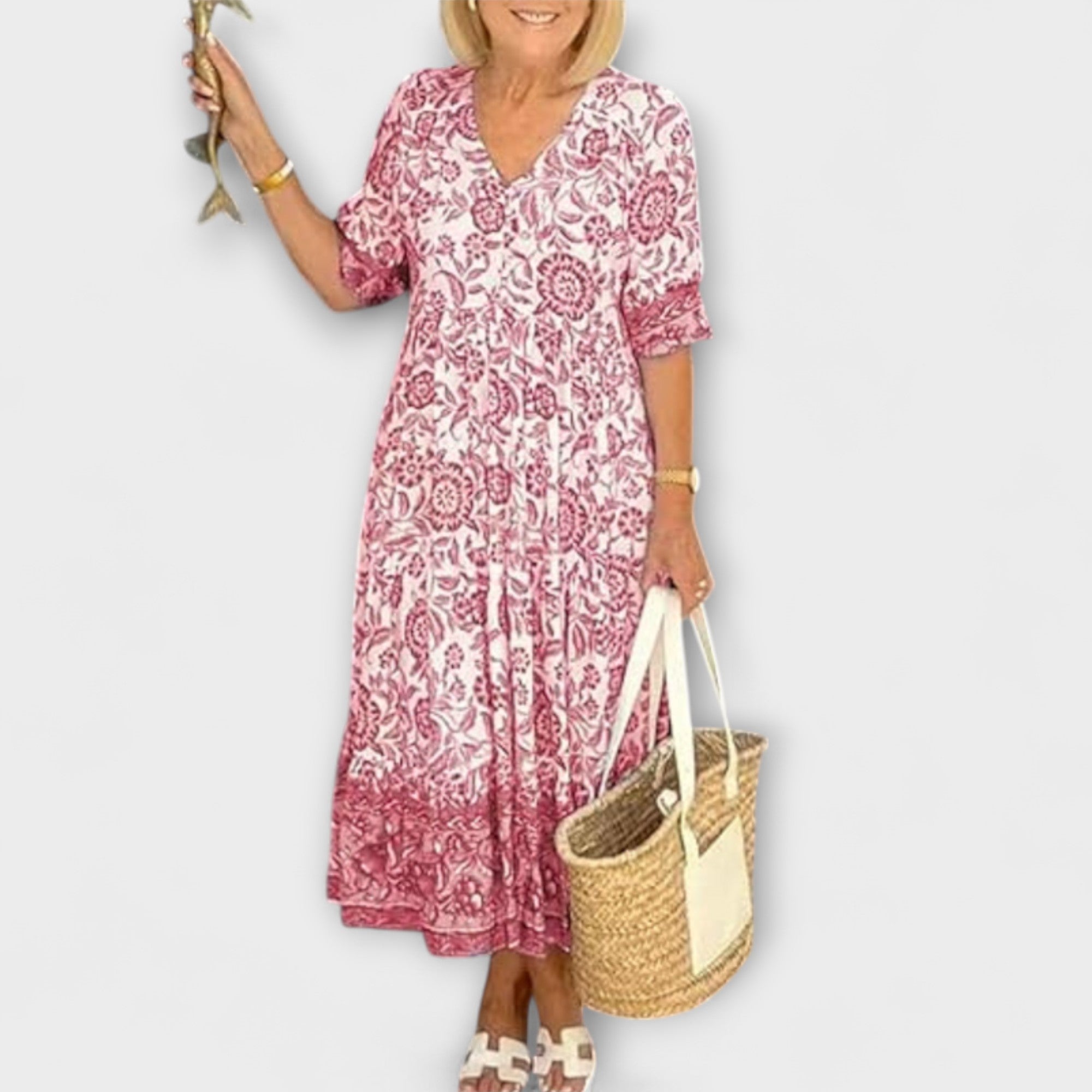 Blumenkleid mit V-Ausschnitt, kurzen Ärmeln und Rüschensaum, pink-weißes Muster