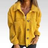 Kurze Jacke Dion mit Revers, gelbe Teddyoptik, Knopfleiste und Brusttaschen
