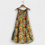 Ärmelloses Tank-Top-Kleid, Rundhalsausschnitt, türkis-braunes Tierkopf- und Sonnenblumenmuster