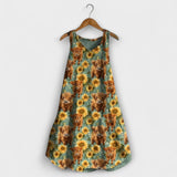 Ärmelloses Tank-Top-Kleid, Rundhalsausschnitt, türkis-braunes Tierkopf- und Sonnenblumenmuster