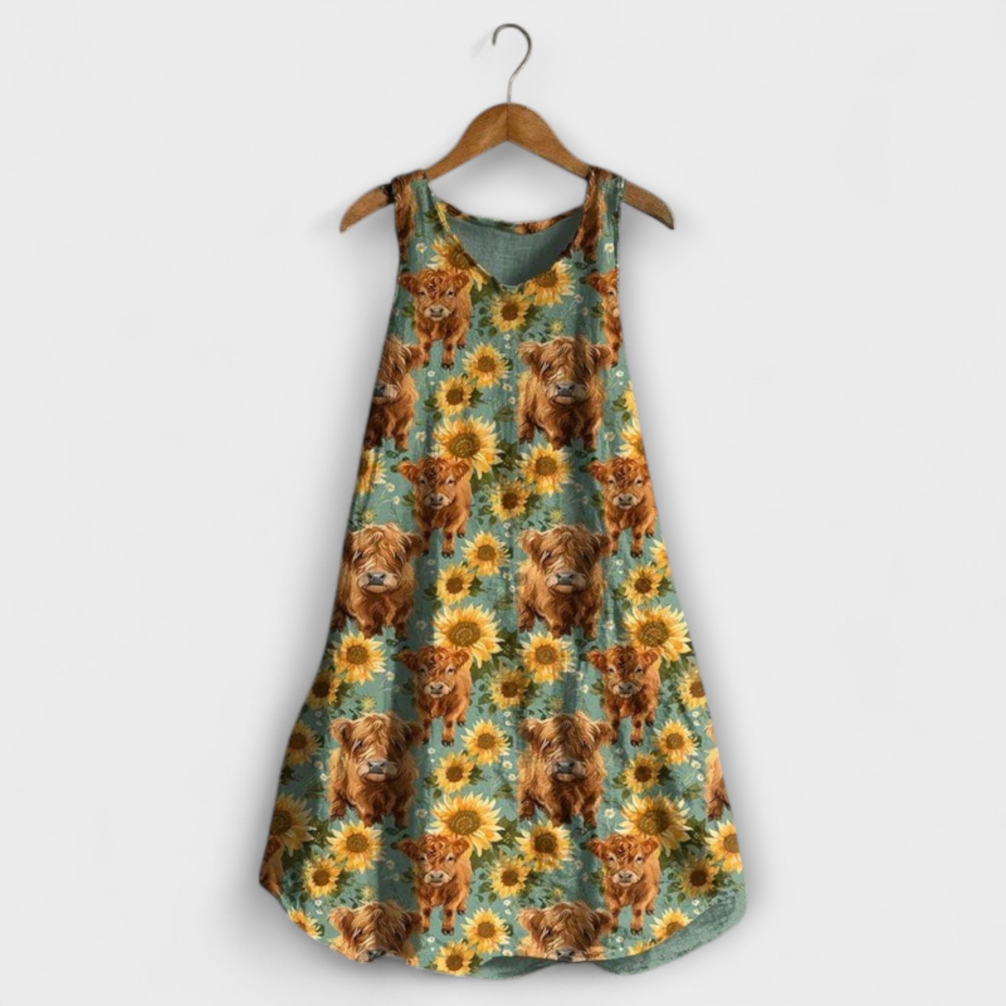Ärmelloses Tank-Top-Kleid, Rundhalsausschnitt, türkis-braunes Tierkopf- und Sonnenblumenmuster