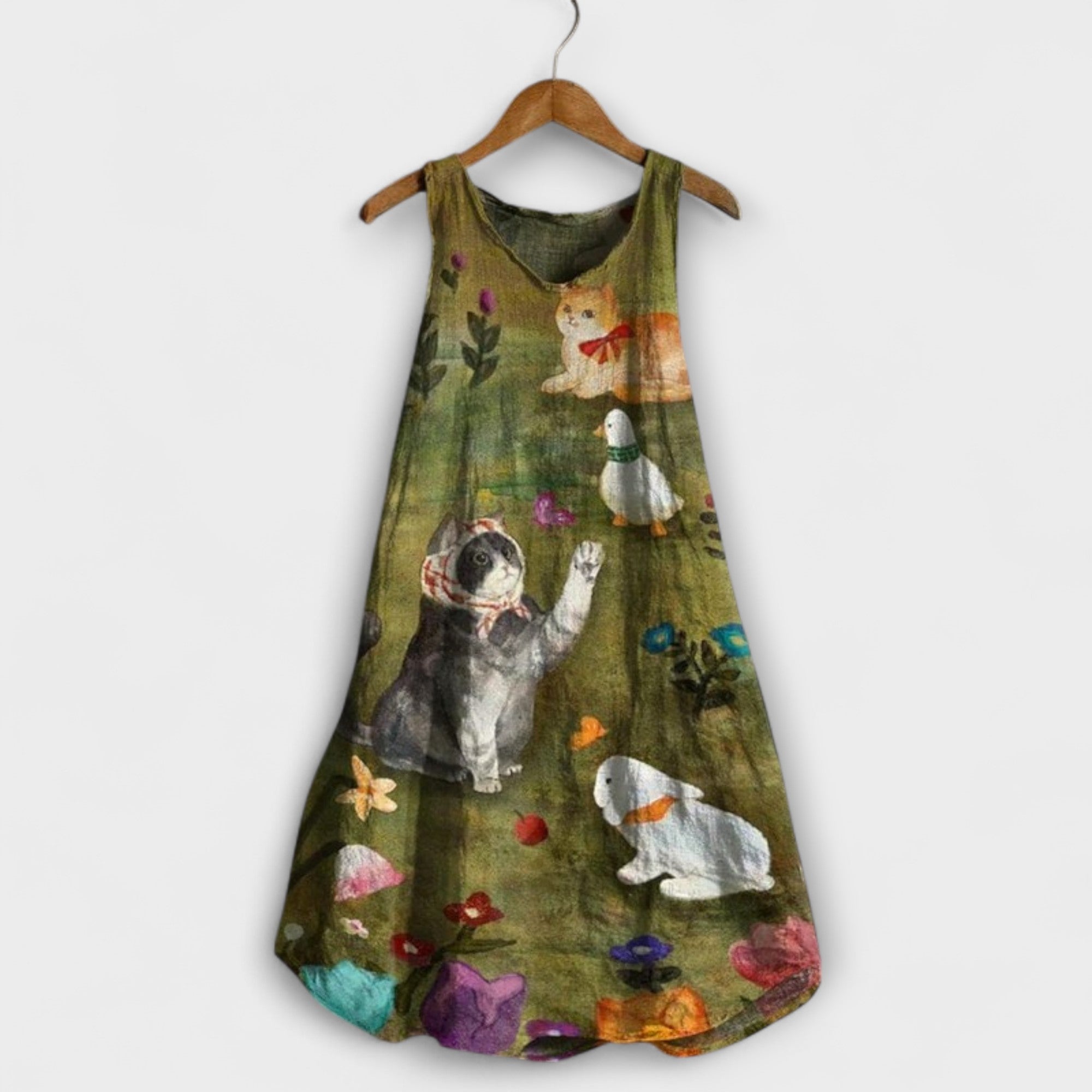 Elowen Tank-Top-Kleid, ärmellos, olivgrün mit Katzen- und Blumenmuster