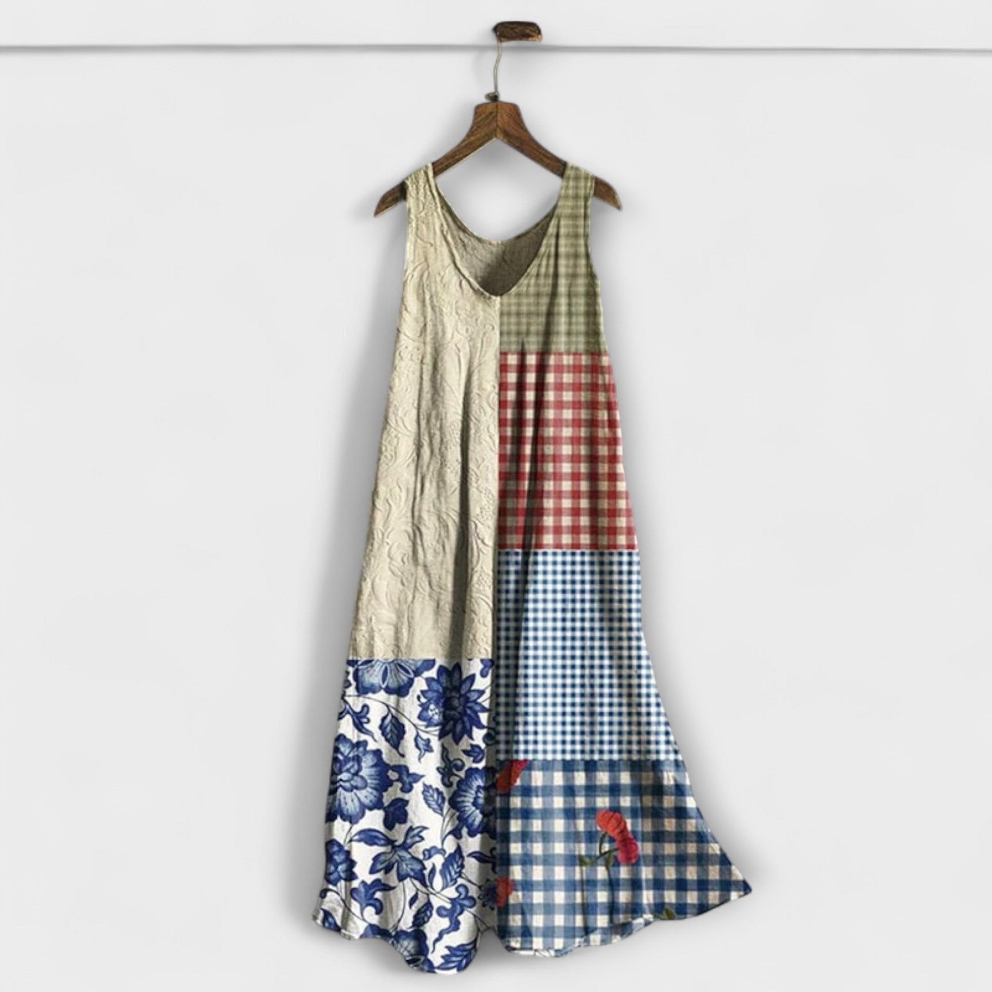 Tank-Top-Kleid Patchwork mit karierten und floralen Partien, ärmellos, Rundhalsausschnitt