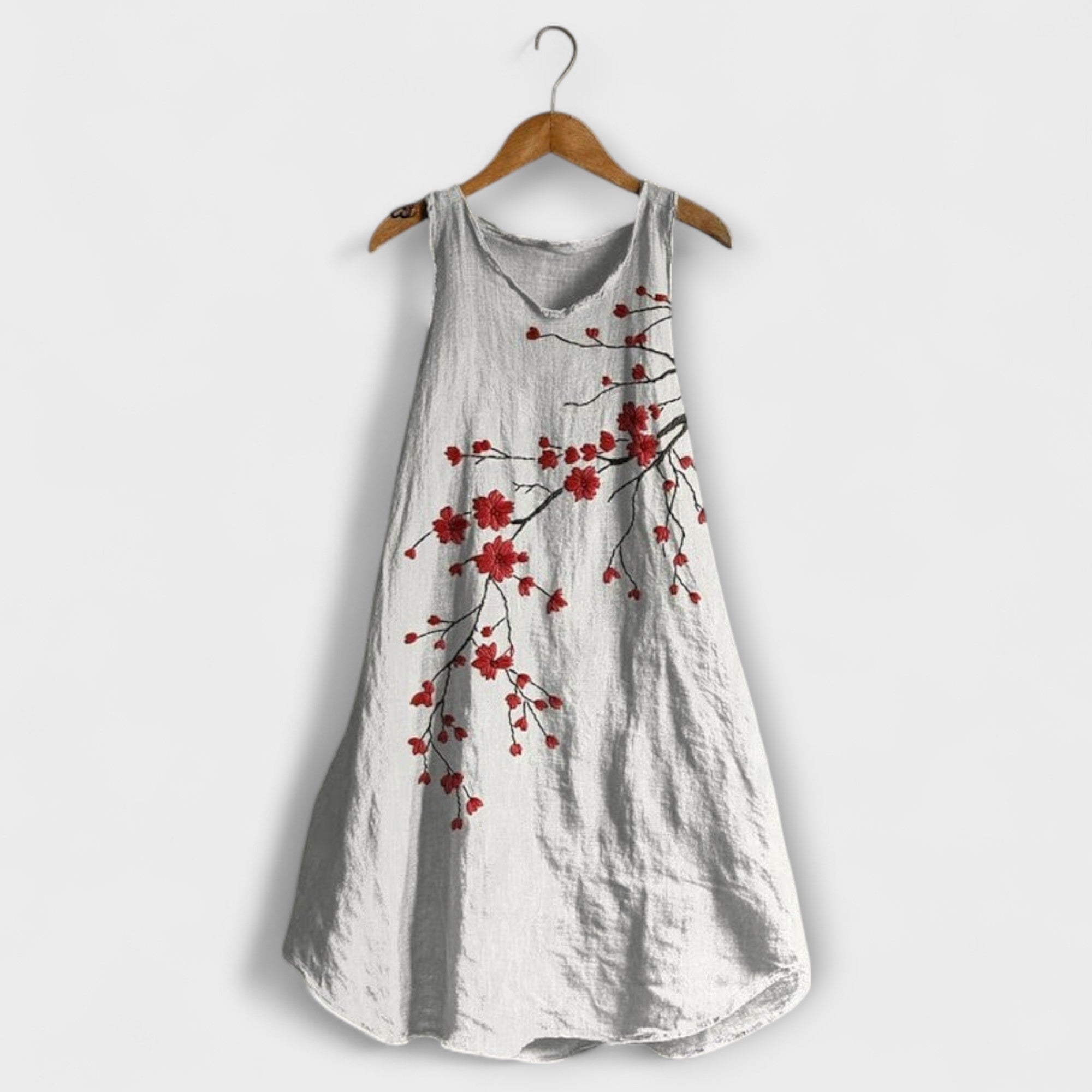 Tank-Top-Kleid, hellgrau mit roten Blütenprint und breiten Trägern