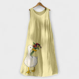 Ärmelloses Tank-Top-Kleid in hellgelb mit Vogel-Motiv und buntem Blumenstrauß