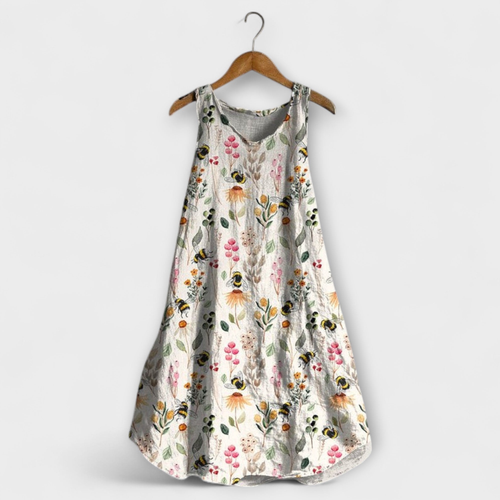 Leichtes ärmelloses Tank-Top-Kleid mit Blumenmuster auf hellem Grund