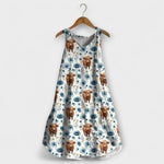 Tank-Top-Kleid mit Trägern, blau-weißes Tiermuster, lockerer Glockenrock