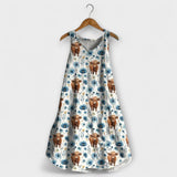 Tank-Top-Kleid mit Trägern, blau-weißes Tiermuster, lockerer Glockenrock